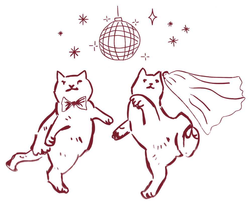 Ilustración de dos gatos bailando bajo una bola de disco, uno con moño y otro con velo de novia